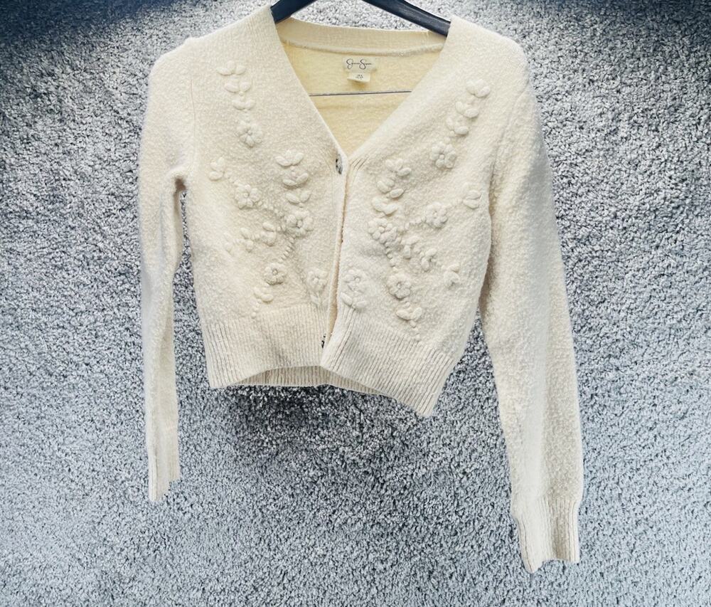 Women’s Jessica Simpsons Ivory Hand Beaded Cardigan Sweater Size Small Flowers